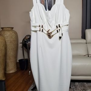 White Sleeveless Dress with Gold Accent Buckles